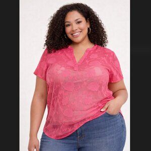 Torrid 2X Floral Clip Dot Chiffon Blouse Pink Short Sleeve Sheer Whimsy Cottage